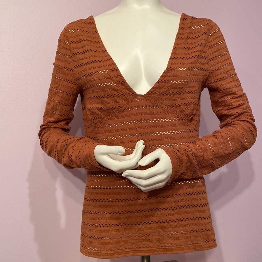 Free People Copper Burnt Orange V-neck Stretchy Long Sleeves Printed Design Top